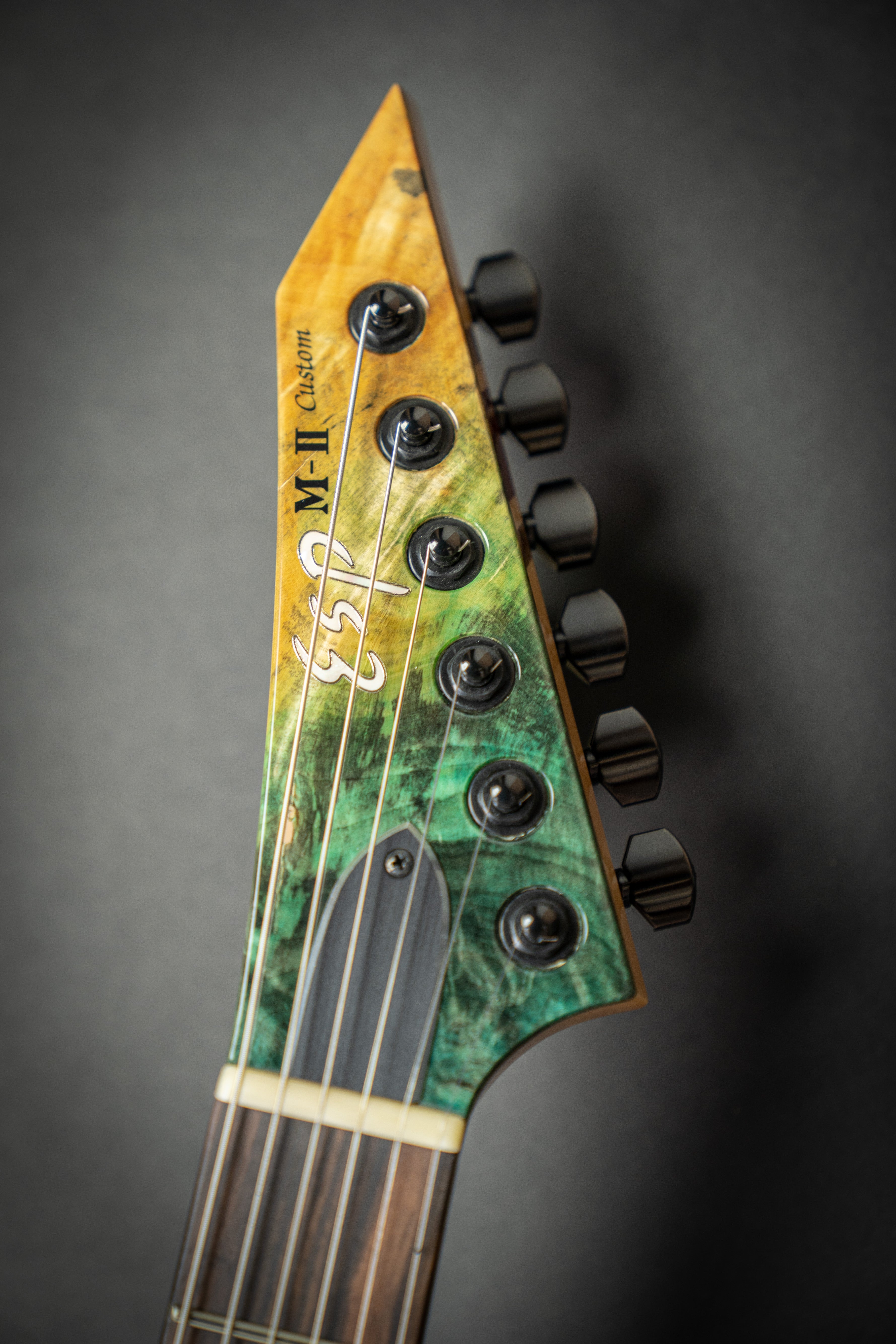 ESP Custom Shop M-II NT Buckeye Burl Experimental Green Stained
